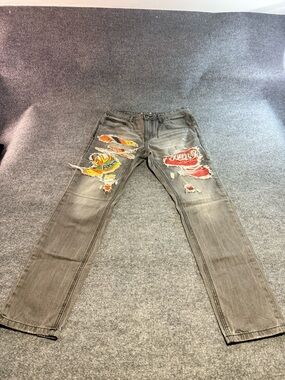 Men's Distressed Grey Jeans with Color Patch Detailing